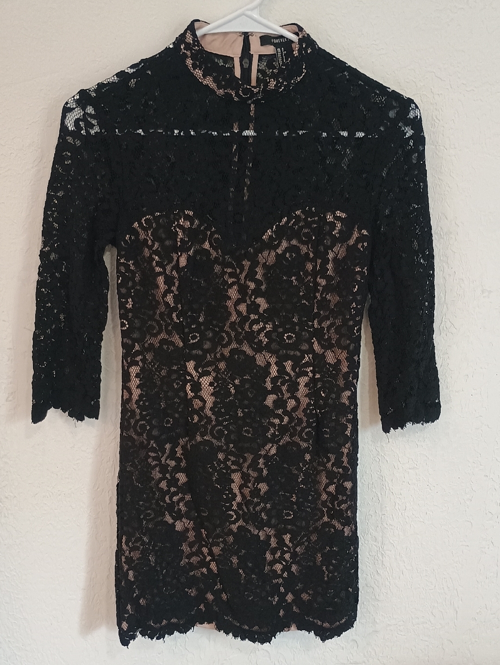Forever 21 Black Lace Long-Sleeve Dress with Nude Lining